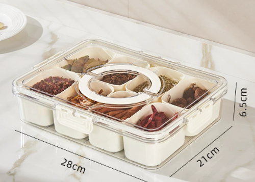 Nine Grid Circular PET Storage Box for Dried Fruit Snacks Kitchen Plastic Seasoning Container Handle Sealed Storage for Food