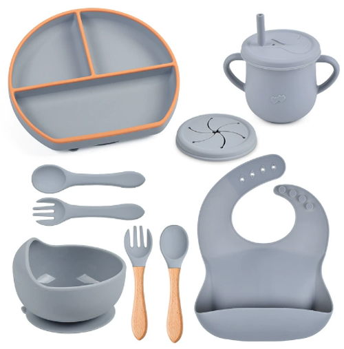 8-piece Set of Classic Silicone Tableware for Children's Comfortable Dining, Including Spoons, Forks, Straws and Cups