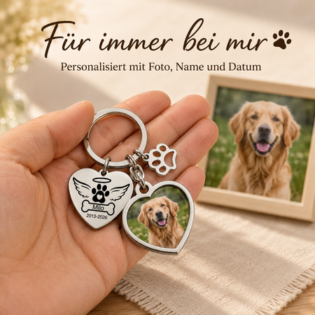 Für immer in meinem Herzen – Personalisierter Haustier-Gedenk-Schlüsselanhänger mit Foto, Name und Datum