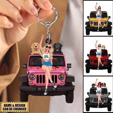 Personalisiertes Geschenk für Mädchen auf Reisen: Schlüsselanhänger mit Mädchen, Geländewagen und Hund