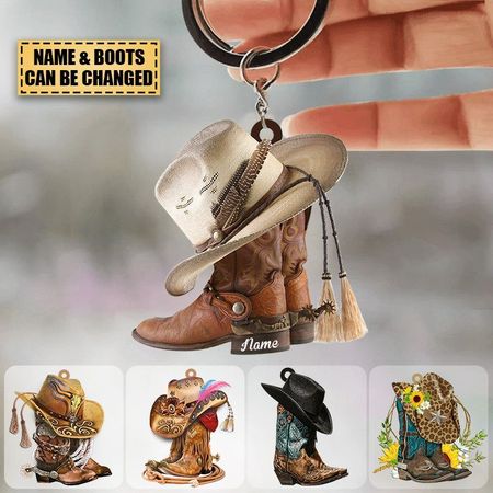 Personalisierte Stiefel und Hut Cowboy & Cowgirl Flacher Acryl-Schlüsselanhänger