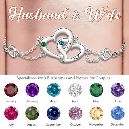 Personalisiertes Paararmband mit zwei verbundenen Herzen, eingraviertem Namen und Geburtsstein