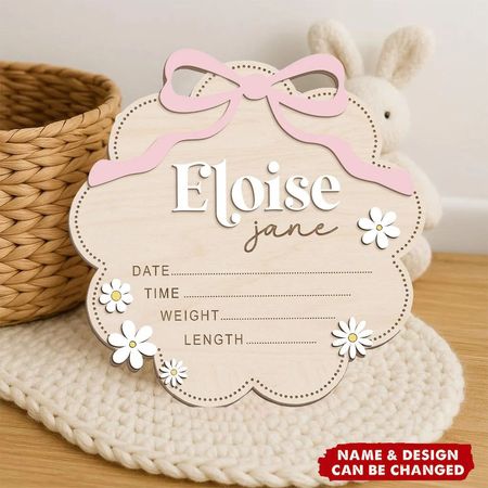 Personalisiertes Geburtsanzeigeschild - Rosa Schleife Baby Namensschild