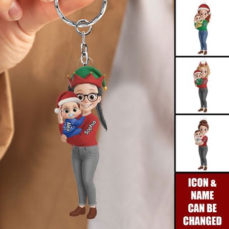 Personalisierte Acryl-Schlüsselanhänger und Acryl-Ornamente mit einer Mutter, die ein Baby hält, wobei das Geschlecht des Babys enthüllt wird – als Geschenk.