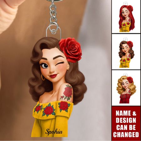 Personalisierter Acryl-Schlüsselanhänger im Retro-Rosen-Mädchen-Design, einzigartiges Geschenk für Frauen, perfekt als Alltagsaccessoire und Taschenverzierung