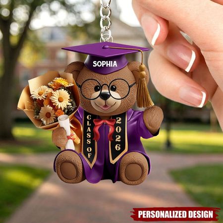 Personalisierter Schlüsselanhänger mit Bärenmotiv zur Abschlussfeier, individuelles Geschenk mit Namen und Jahrgangsstufe für Absolventen