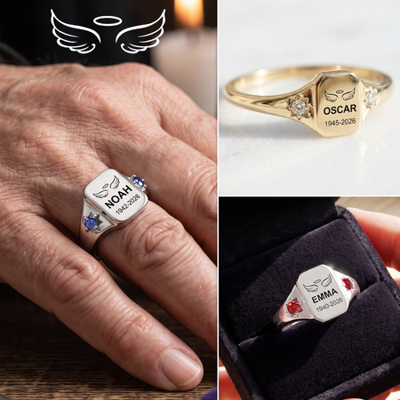 Für immer im Herzen – Personalisierter Erinnerungsring mit Name, Lebensdaten & 2 Geburtssteinen