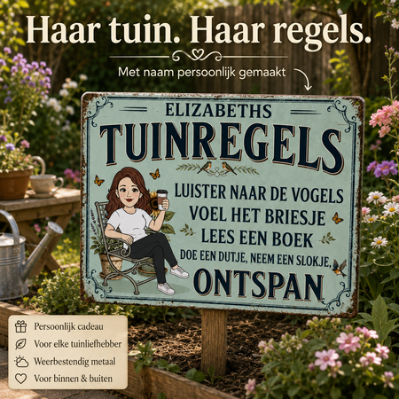 Gepersonaliseerd Metalen Tuinbord met Naam Mijn Tuinregels met Eigen Karakter & Drankje  Cadeau voor Tuinliefhebbers