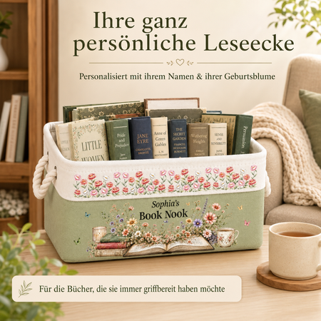 Personalisierter Bücher-Aufbewahrungskorb – Individueller Lesekorb mit Name & Geburtsblume – Geschenk für Bücherliebhaber, Leseratten und Leser
