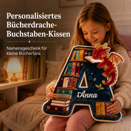 Personalisiertes Bücher-Drachen Initialen-Kissen mit Namen – Geschenk für kleine Bücherfans