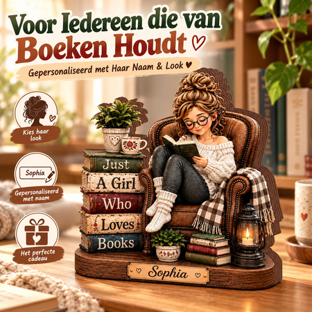 Gepersonaliseerd Houten Boekenliefhebber Ornament – Meisje dat van Boeken Houdt met Naam