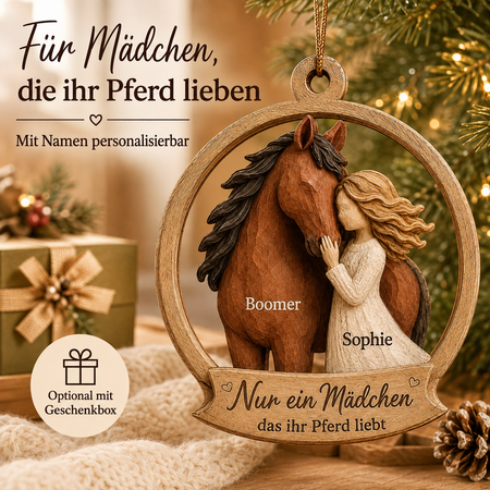 Personalisiertes Holzornament für Pferdeliebhaberinnen – Mädchen mit Pferd Weihnachtsanhänger mit Namen