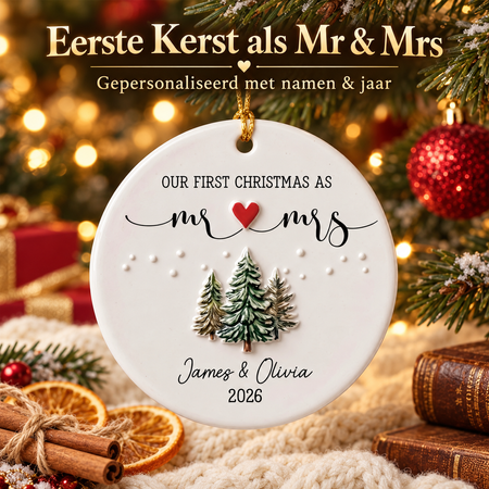 Gepersonaliseerd Kerstornament Eerste Kerst als Mr & Mrs – Keramische Kerstboomhanger met Namen en Jaar, Cadeau voor Pasgetrouwden