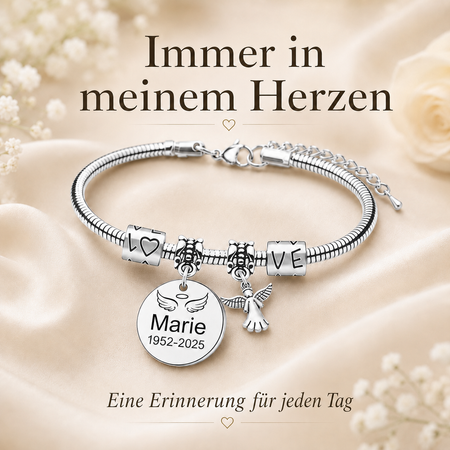Personalisiertes Engel-Gedenkarmband mit Name und Jahreszahlen – verstellbarer Erinnerungsschmuck