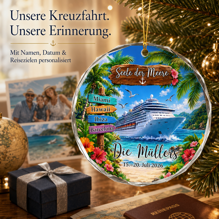 Personalisierter Kreuzfahrt Weihnachtsanhänger 2026 – Reise-Andenken aus Glas mit Familienname, Datum und Reiseziel