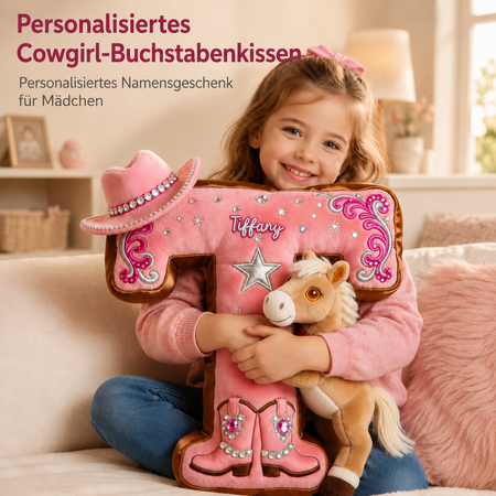 Personalisiertes Cowgirl Initialen-Kissen mit Namen – Geschenk für Mädchen und Pferdeliebhaber