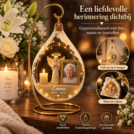 Gepersonaliseerd Beschermengel Herdenkingsornament met Foto – Acryl Aandenken met Naam & Jaartallen
