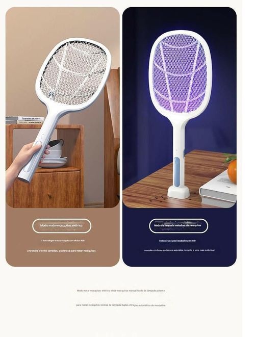 Novo mata-moscas eletrónico multifuncional 2 em 1 com bateria de lítio, carregamento USB, ampla voltagem, proteção tripla, adequado para uso doméstico.