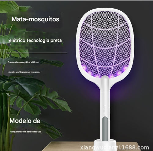 Novo mata-moscas eletrónico multifuncional 2 em 1 com bateria de lítio, carregamento USB, ampla voltagem, proteção tripla, adequado para uso doméstico.