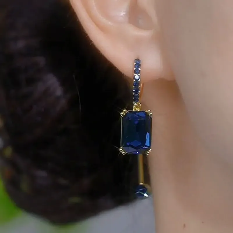 Blue square crystal earrings, light luxury, high-end niche unique earrings