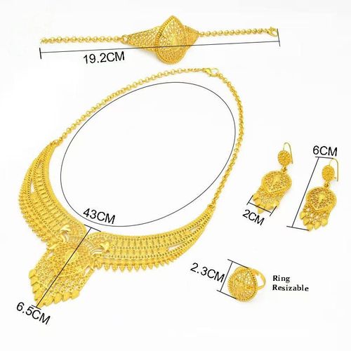 Conjunto de 4 Peças de Joias com Banho de Ouro 24K para Mulheres (Pulseira, Brincos, Colar, Anel)