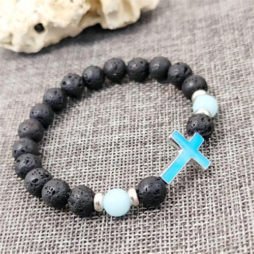 Gift Bracelet 8mm Volcanic Stone Beads Rosary Bracelet Luminous Cross Beaded Bracelet