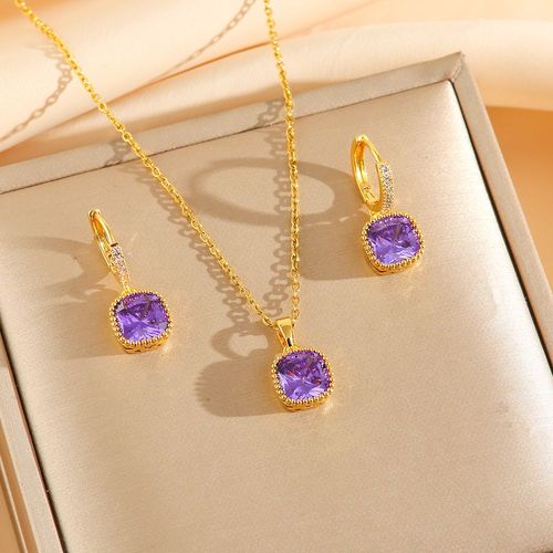Sugar cube colored zircon earrings for women, geometric niche, light luxury, simple pendant, temperament titanium steel necklace