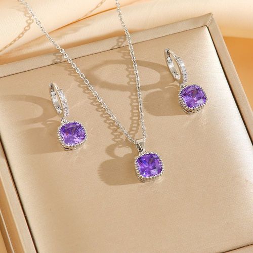 Sugar cube colored zircon earrings for women, geometric niche, light luxury, simple pendant, temperament titanium steel necklace