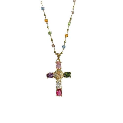 Color Cross Contrast Crystal Necklace Female Superflash Zircon Clavicle Chain Gift Featuring Pearl Design Niche Sense