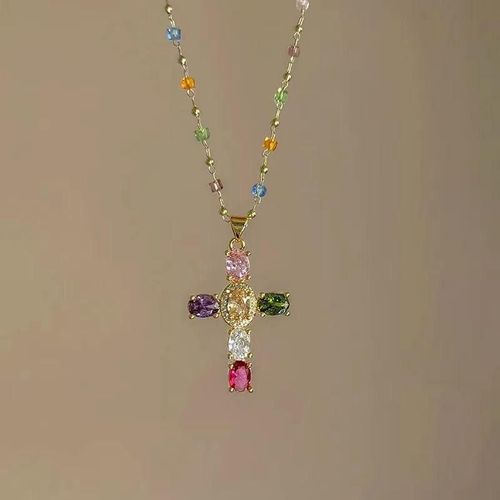 Color Cross Contrast Crystal Necklace Female Superflash Zircon Clavicle Chain Gift Featuring Pearl Design Niche Sense