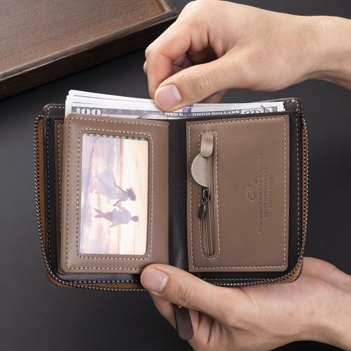 1pc Men's Retro Short Wallet, Multifunctional Fashion Zipper PU Leather Wallet