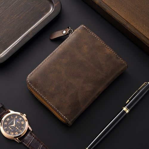 1pc Men's Retro Short Wallet, Multifunctional Fashion Zipper PU Leather Wallet