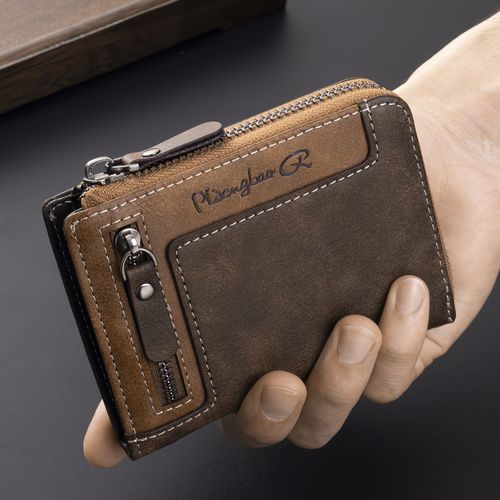 1pc Men's Retro Short Wallet, Multifunctional Fashion Zipper PU Leather Wallet