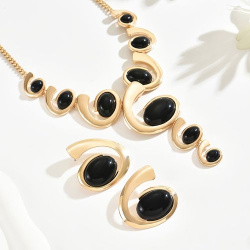 1 Set Boho Classic 2pcs Women'S Jewelry Set, Spiral Snail Shape with Black Rhinestone Inlay, Y-Necklace and Earrings, Alloy, Versatile for Daily and Party Wear