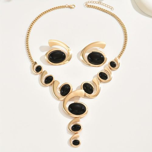 1 Set Boho Classic 2pcs Women'S Jewelry Set, Spiral Snail Shape with Black Rhinestone Inlay, Y-Necklace and Earrings, Alloy, Versatile for Daily and Party Wear