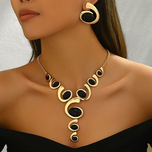 1 Set Boho Classic 2pcs Women'S Jewelry Set, Spiral Snail Shape with Black Rhinestone Inlay, Y-Necklace and Earrings, Alloy, Versatile for Daily and Party Wear