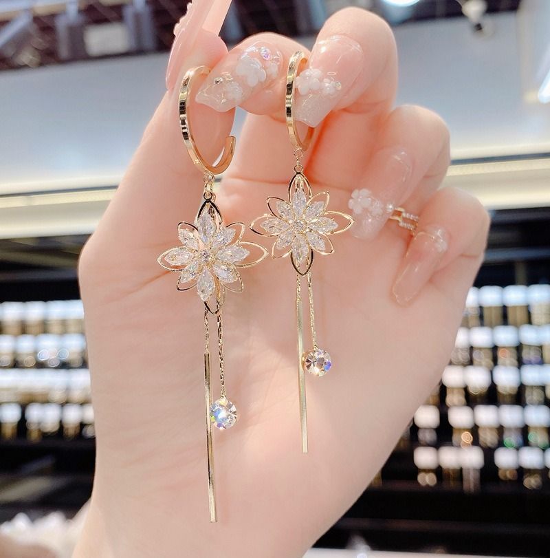 New Trendy Long Tassel Earrings Female S925 Silver Needle Zircon Flower Dangle Earrings