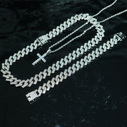 Hip-hop watch with sugar-cube bracelet and cross necklace, diamond-accented dial, quartz movement