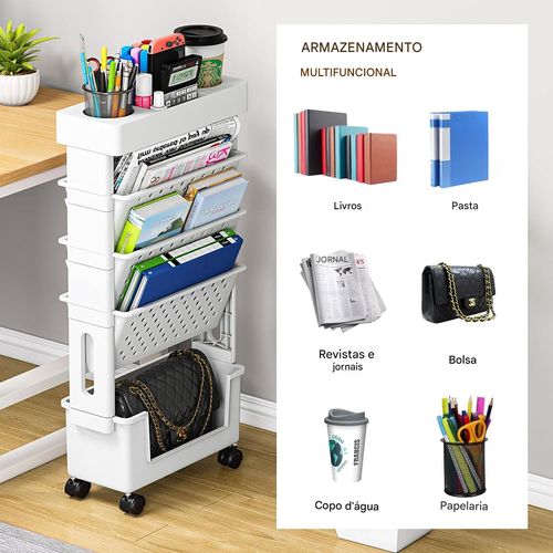 Organizador de arquivos de mesa de metal com 5 camadas e rodas para artigos de escritório, estante para armazenamento de revistas, para escola, sala de aula e casa 复制