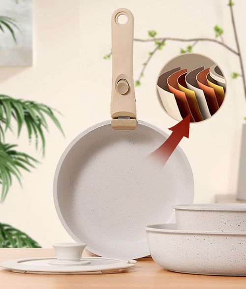 Modern 5-piece nonstick cookware set of metal pots and pans with removable handles