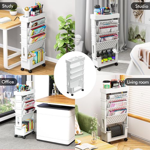 Organizador de arquivos de mesa de metal com 5 camadas e rodas para artigos de escritório, estante para armazenamento de revistas, para escola, sala de aula e casa 复制