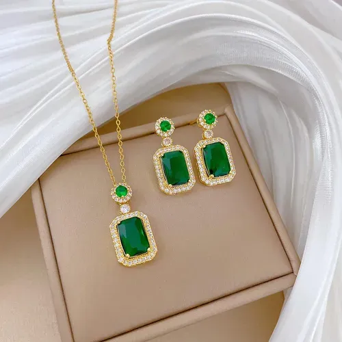 Stainless Steel Chain Emerald Zircon Necklace Set with Rhinestone Earrings and Necklace, Women's Jewelry Set