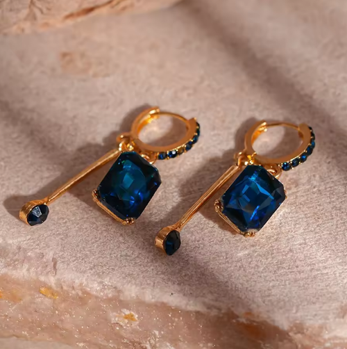 Blue square crystal earrings, light luxury, high-end niche unique earrings