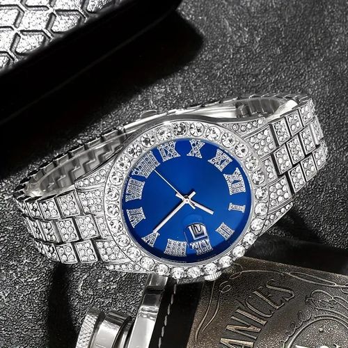 Fashionable Hip-hop Watch Set Diamond-encrusted Bracelet Necklace Quartz Wristwatch with Large Dial Set