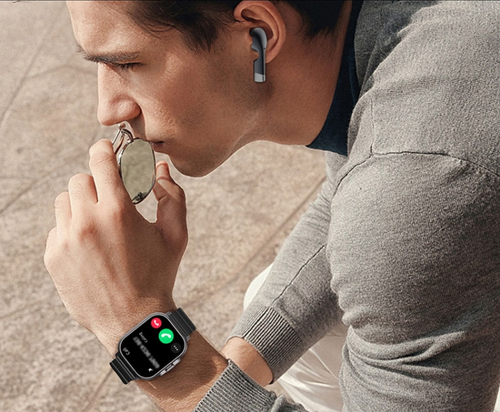 Novos produtos imperdíveis 2,01 polegadas 2 em 1 fone de ouvido sem fio pulseira de aço relógio inteligente monitoramento de saúde NFC smartwatch com fone de ouvido