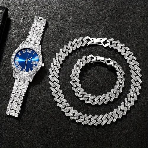Fashionable Hip-hop Watch Set Diamond-encrusted Bracelet Necklace Quartz Wristwatch with Large Dial Set