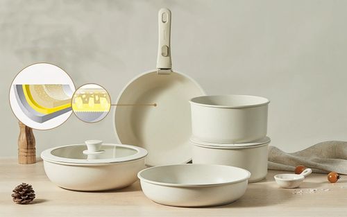Modern 5-piece nonstick cookware set of metal pots and pans with removable handles