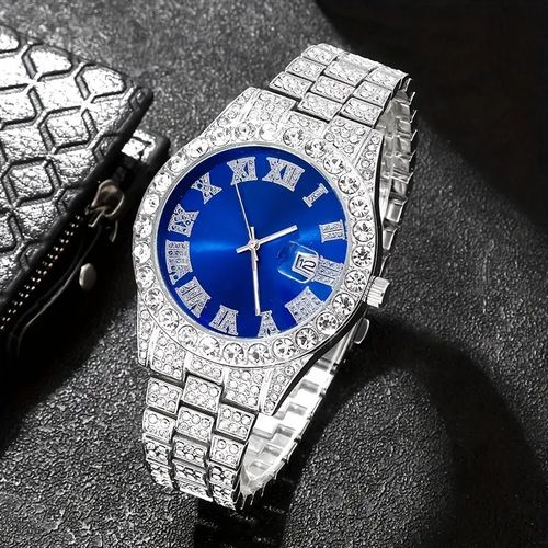 Fashionable Hip-hop Watch Set Diamond-encrusted Bracelet Necklace Quartz Wristwatch with Large Dial Set