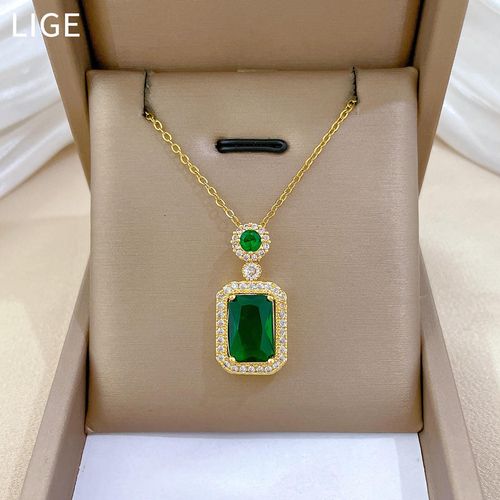Luxury Women's 18K Gold Stainless Steel Geometric Crystal Jewelry Set Includes Emerald Zircon Pendant Necklace and Earrings