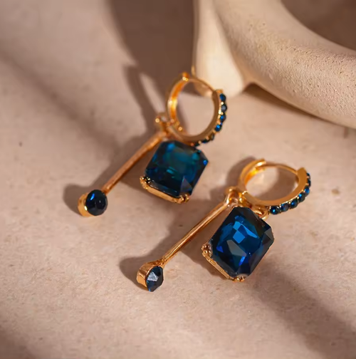 Blue square crystal earrings, light luxury, high-end niche unique earrings